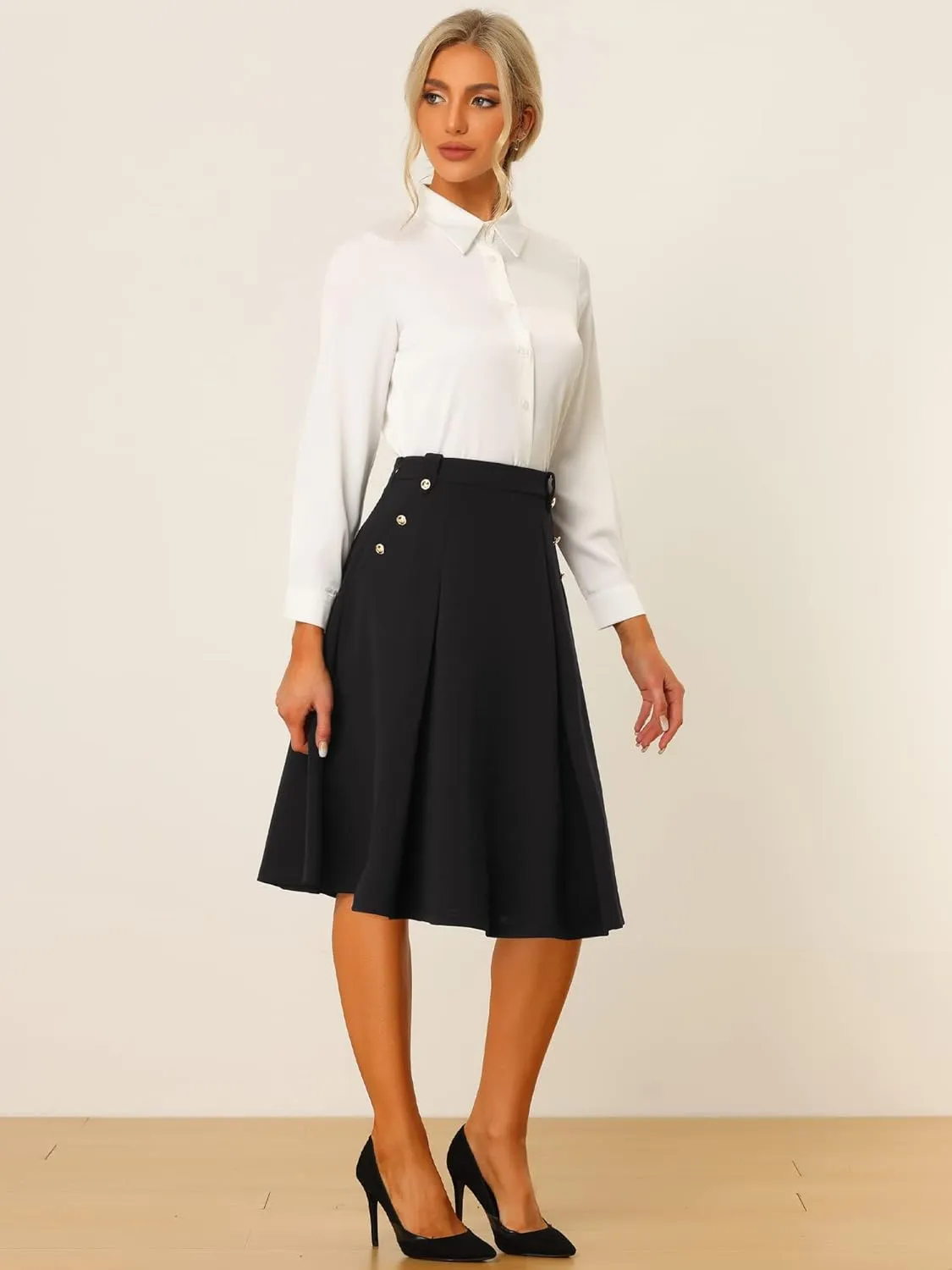Allegra K Women's High Waist Work Office Vintage Pleated Flared Teacher Midi Skirt