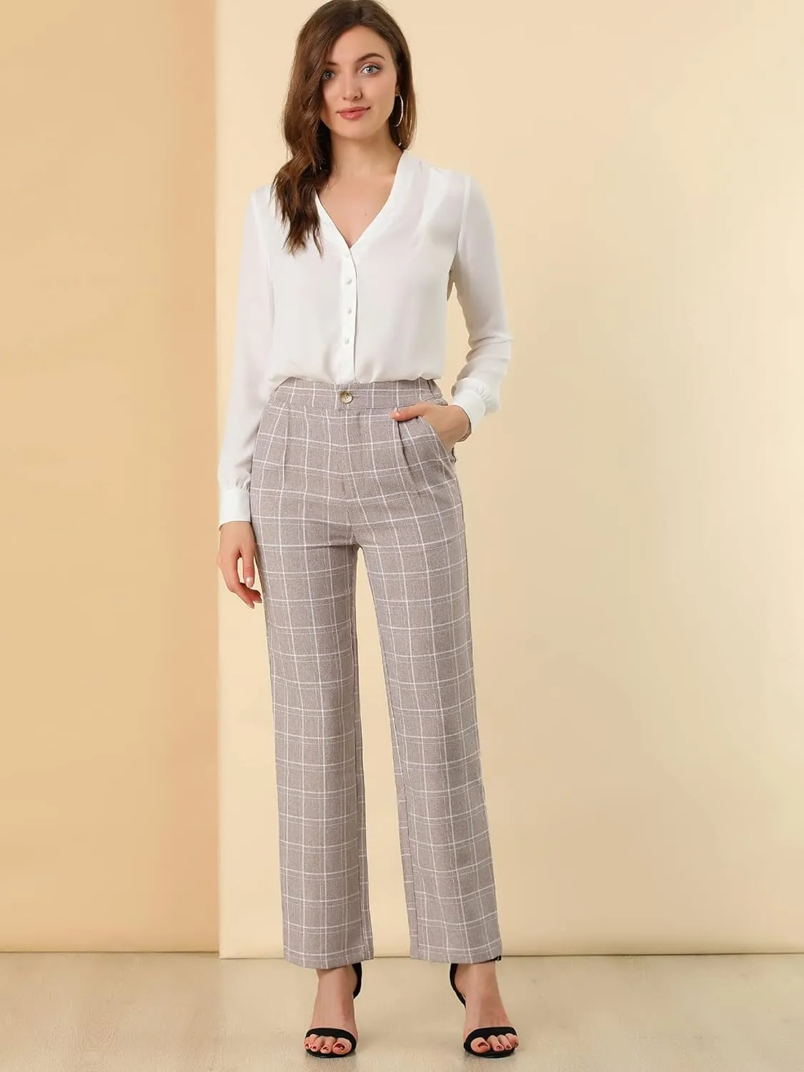 Allegra K Women's Plaid Pants Elastic Waist Casual Work Office Long Trousers