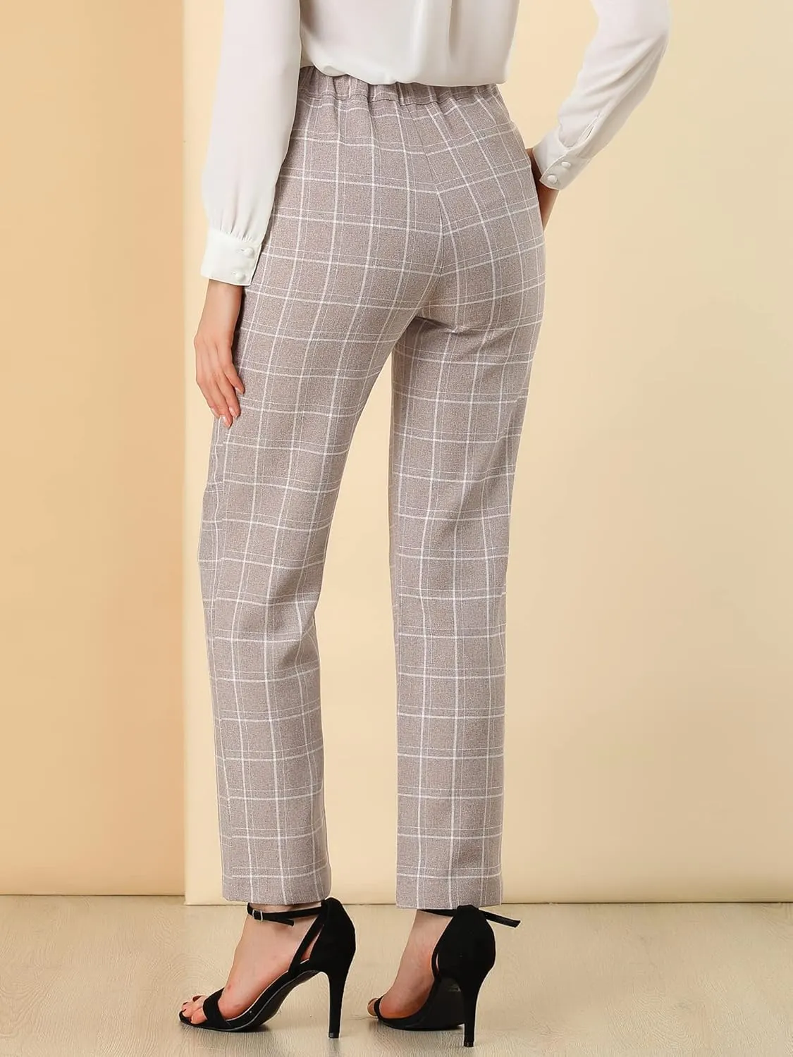 Allegra K Women's Plaid Pants Elastic Waist Casual Work Office Long Trousers
