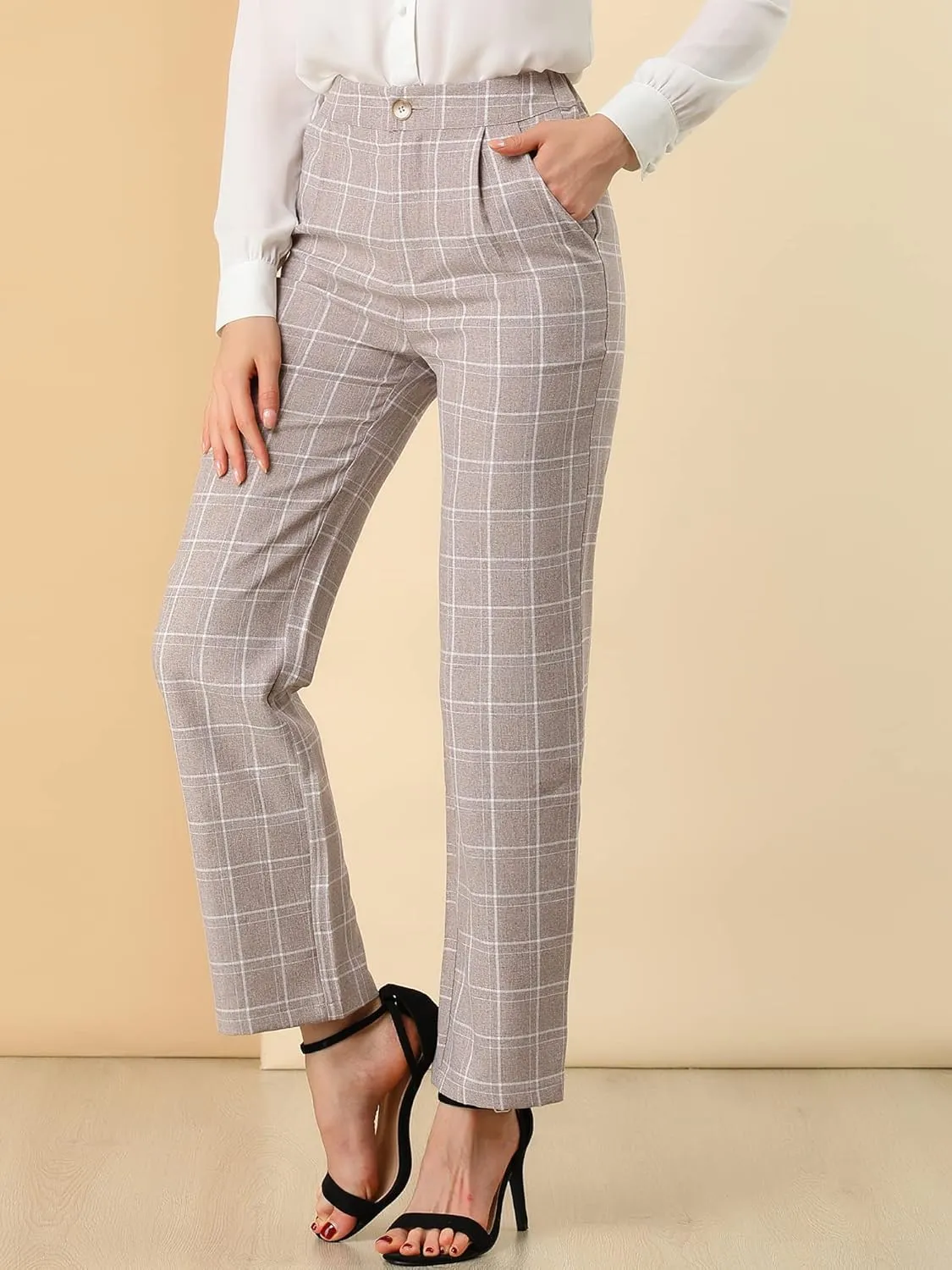 Allegra K Women's Plaid Pants Elastic Waist Casual Work Office Long Trousers
