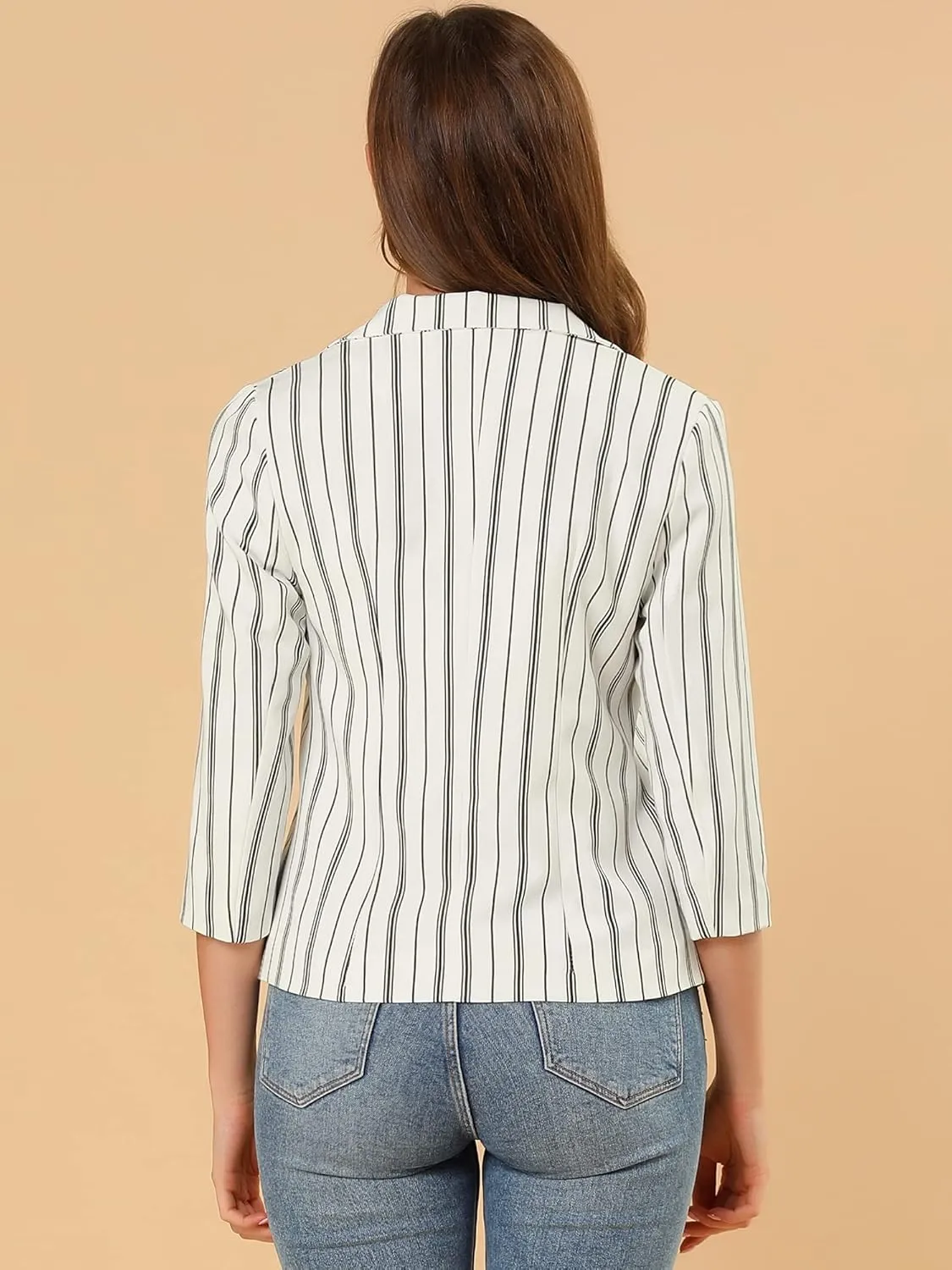 Allegra K Women's Striped Open Front Work Office 3/4 Sleeves Casual Notched Lapel Blazer