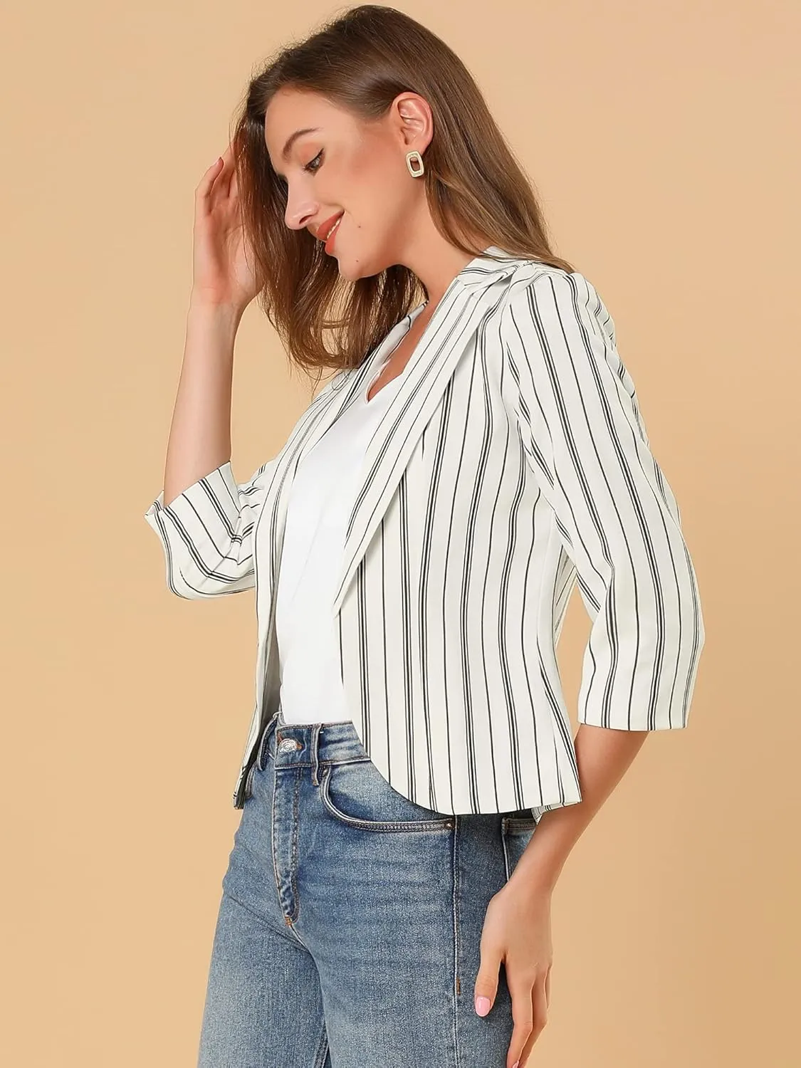 Allegra K Women's Striped Open Front Work Office 3/4 Sleeves Casual Notched Lapel Blazer