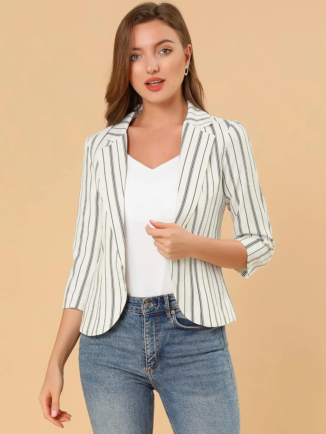 Allegra K Women's Striped Open Front Work Office 3/4 Sleeves Casual Notched Lapel Blazer