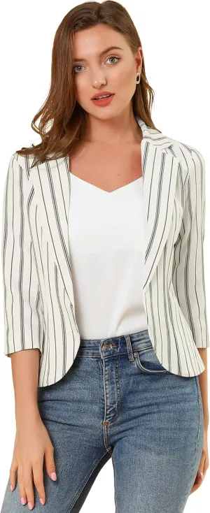 Allegra K Women's Striped Open Front Work Office 3/4 Sleeves Casual Notched Lapel Blazer