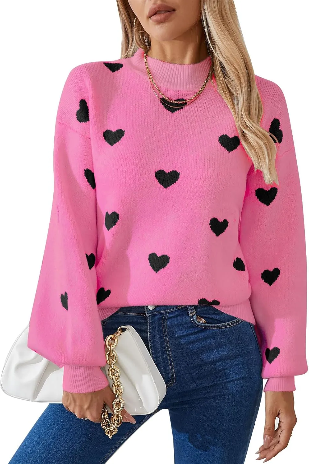 Alsol Lamesa Women's 2025 Fall Winter Mock Neck Long Sleeve Striped Color Block Cute Heart Ribbed Knit Pullover Sweaters