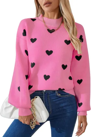 Alsol Lamesa Women's 2025 Fall Winter Mock Neck Long Sleeve Striped Color Block Cute Heart Ribbed Knit Pullover Sweaters