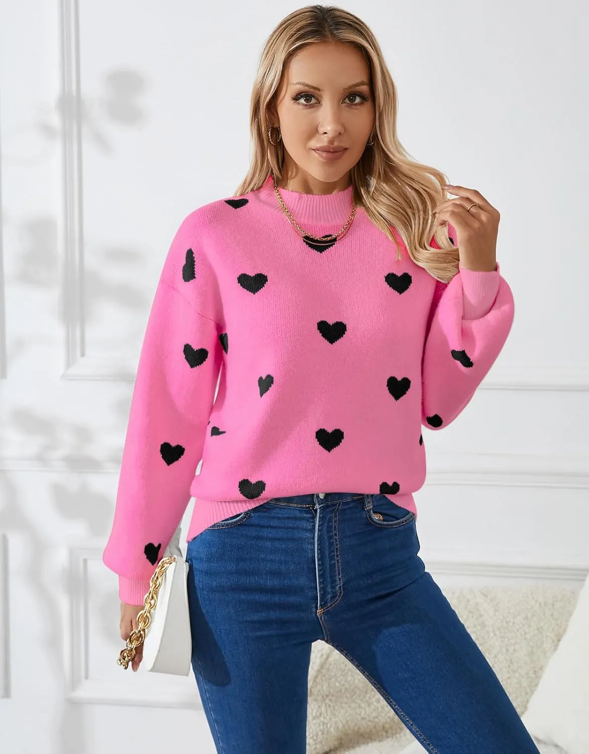 Alsol Lamesa Women's 2025 Fall Winter Mock Neck Long Sleeve Striped Color Block Cute Heart Ribbed Knit Pullover Sweaters