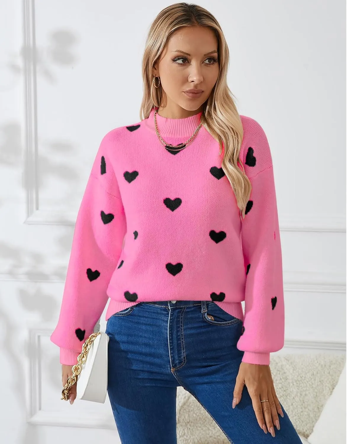 Alsol Lamesa Women's 2025 Fall Winter Mock Neck Long Sleeve Striped Color Block Cute Heart Ribbed Knit Pullover Sweaters