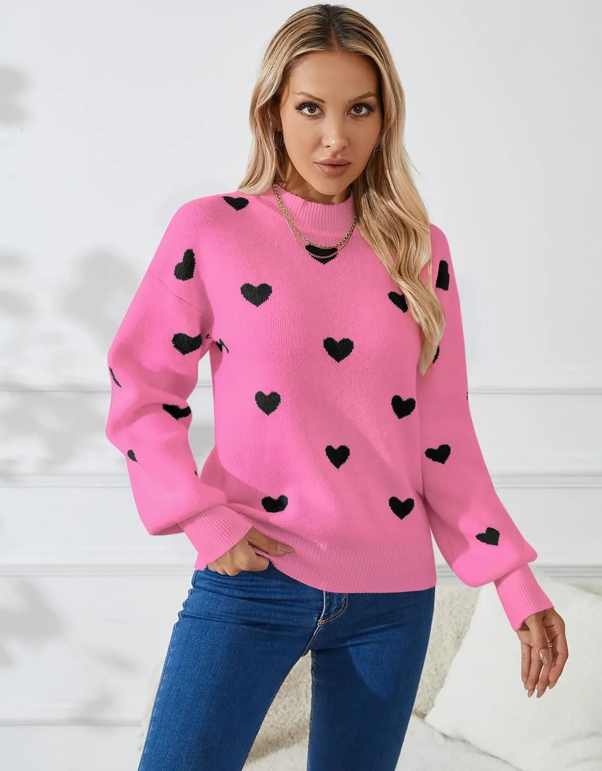 Alsol Lamesa Women's 2025 Fall Winter Mock Neck Long Sleeve Striped Color Block Cute Heart Ribbed Knit Pullover Sweaters