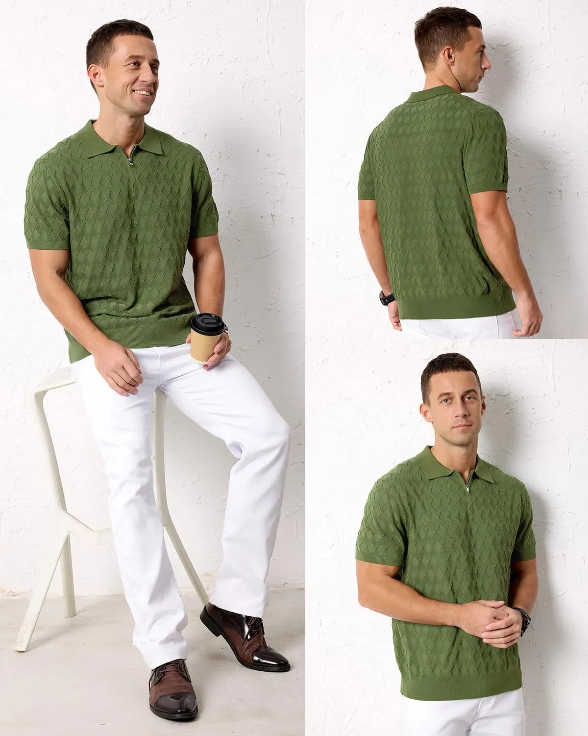Arach&Cloz Mens Zipper Polo 3D Texture Shirts 2025 Spring Summer Fashion Knit Golf Tops Short Sleeve Dress Clothes