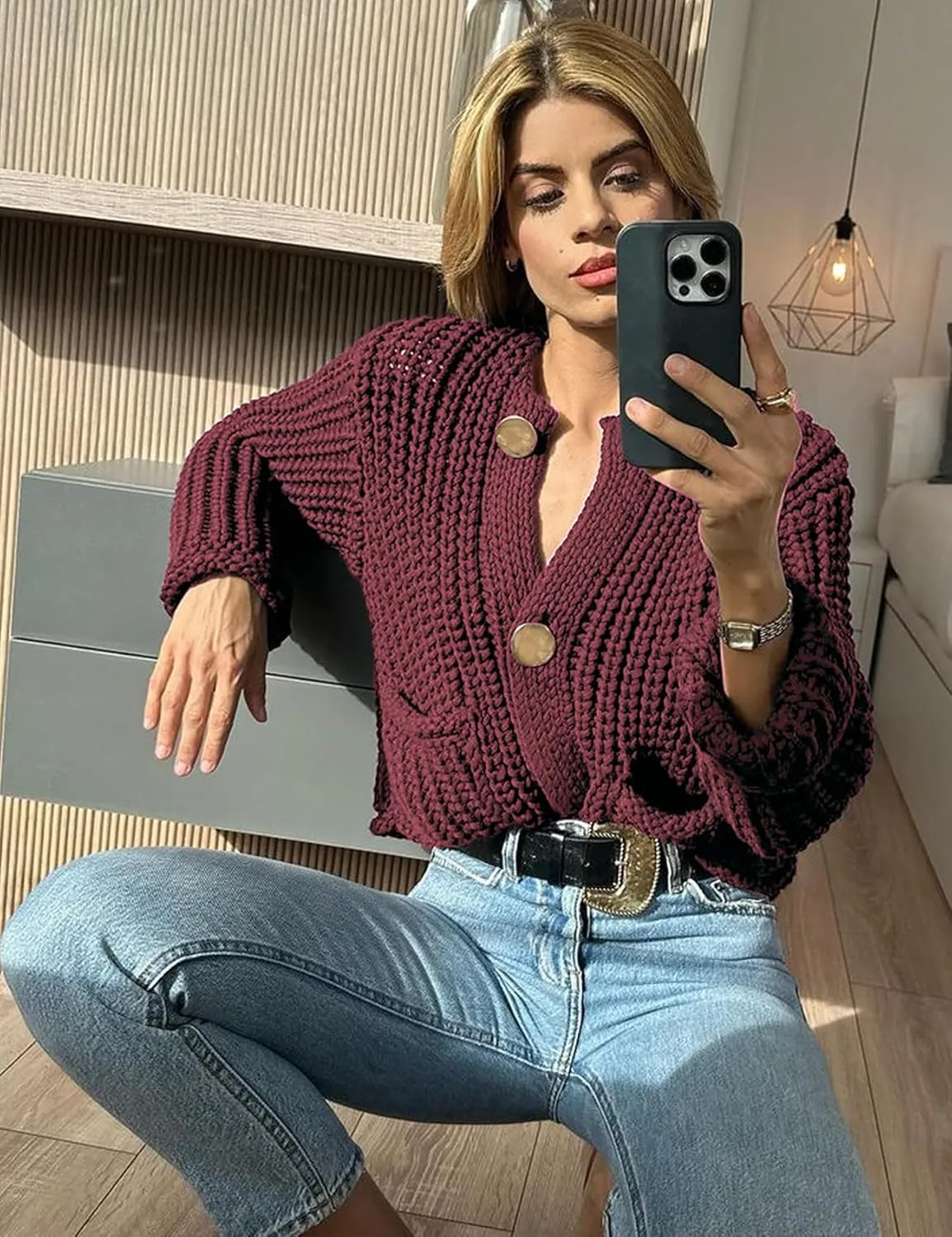 Arssm Womens Cropped Cardigan Sweaters Chunky Open Front Button Down Knit Sweater Long Sleeve Loose Cardigan Outerwear