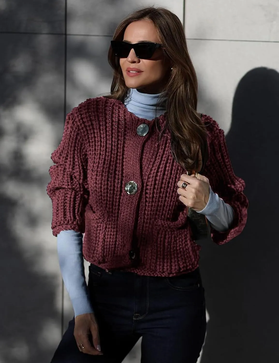 Arssm Womens Cropped Cardigan Sweaters Chunky Open Front Button Down Knit Sweater Long Sleeve Loose Cardigan Outerwear
