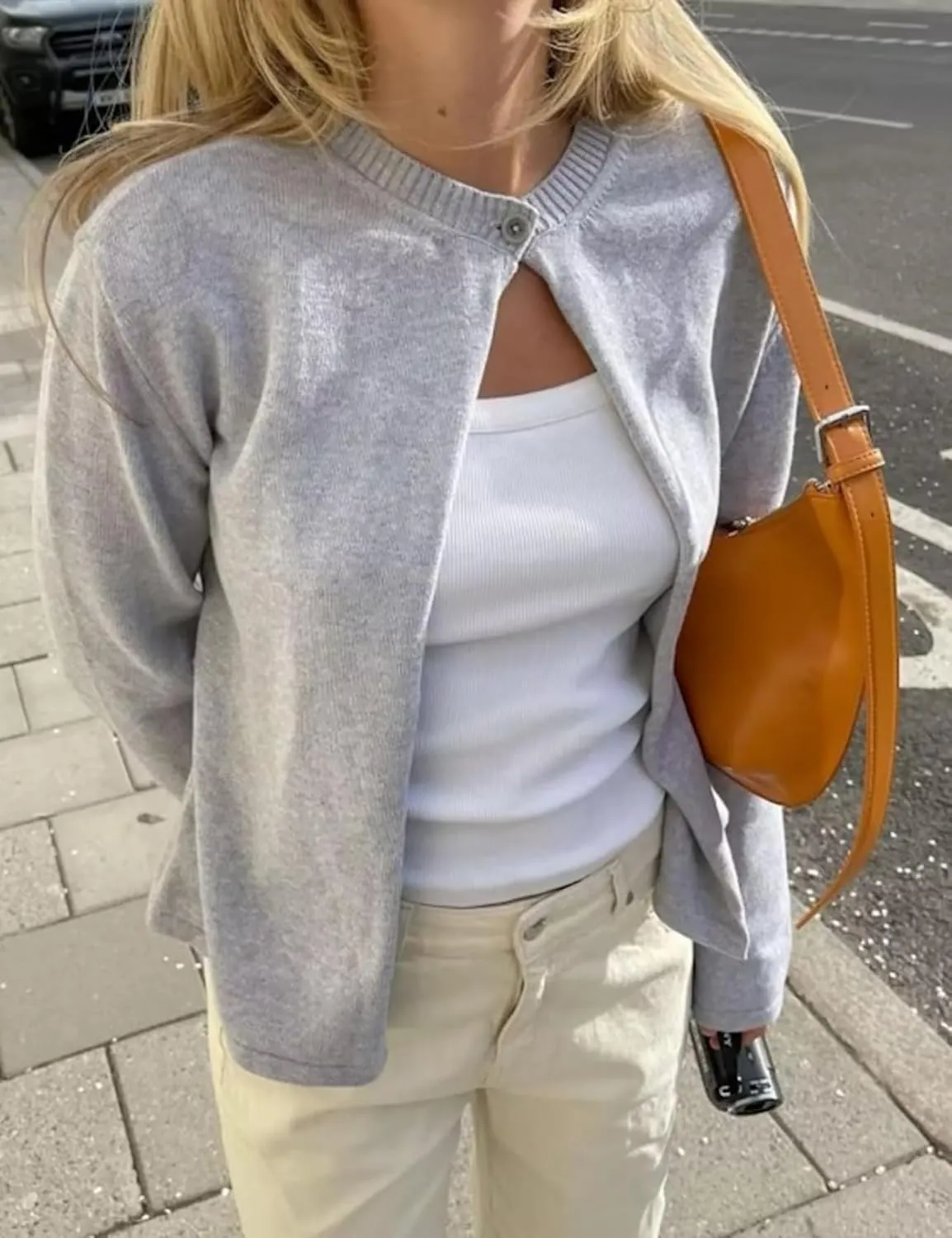 Arssm Womens One Button Cardigan Sweaters Crewneck Long Sleeve Sweater Open Front Knit Sweater Top