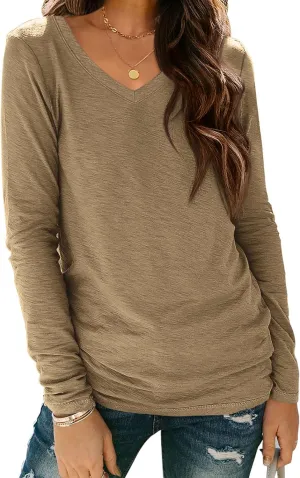 ATHMILE Womens Long Sleeve V Neck Shirts Basic Tee Casual Top Fall Trendy Tunic Outfits Fitted T Shirts