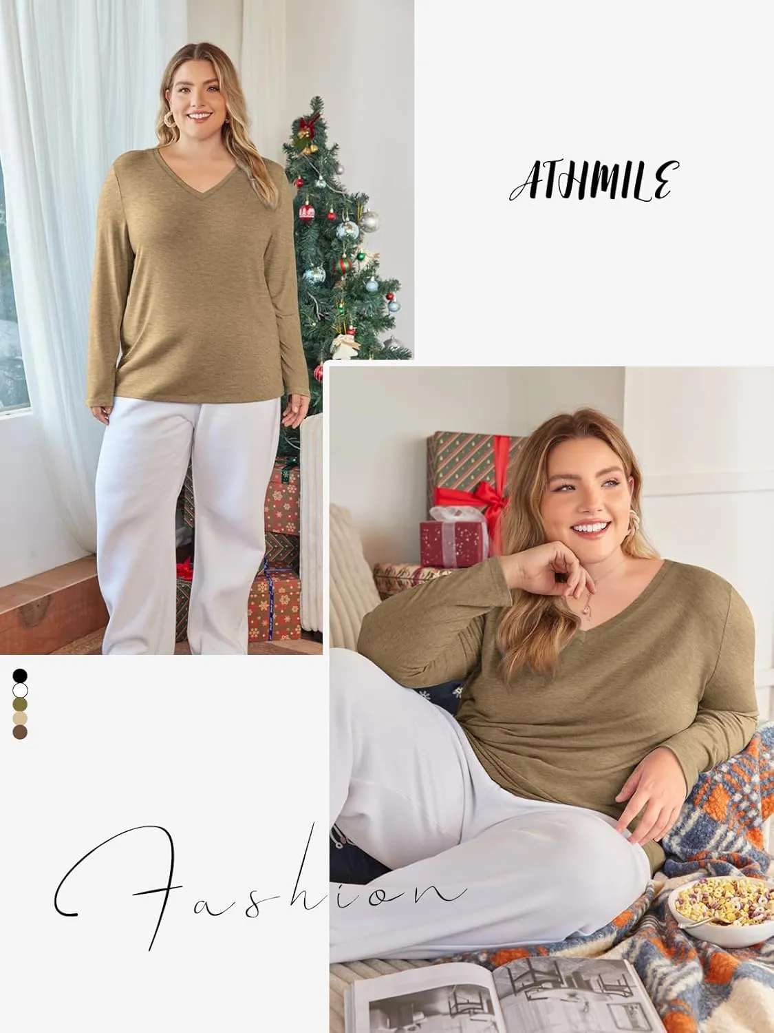 ATHMILE Womens Long Sleeve V Neck Shirts Basic Tee Casual Top Fall Trendy Tunic Outfits Fitted T Shirts