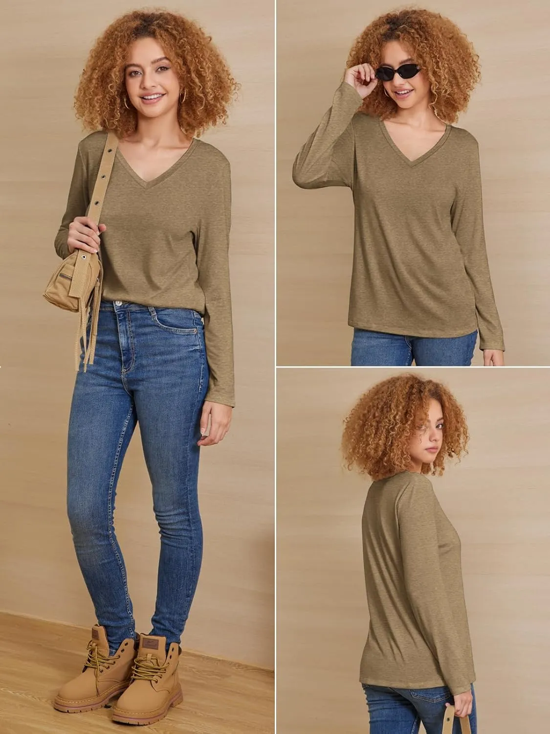 ATHMILE Womens Long Sleeve V Neck Shirts Basic Tee Casual Top Fall Trendy Tunic Outfits Fitted T Shirts