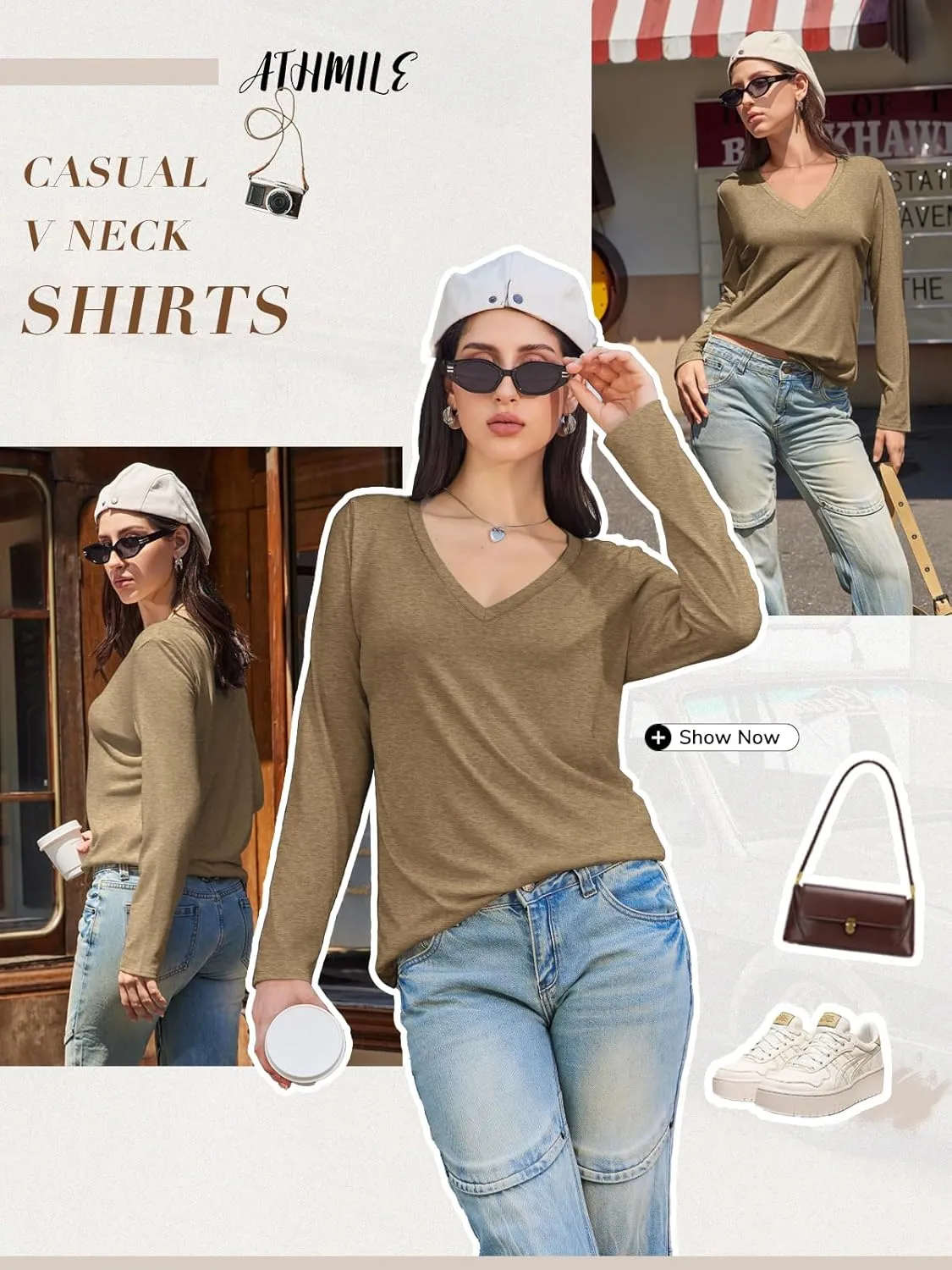 ATHMILE Womens Long Sleeve V Neck Shirts Basic Tee Casual Top Fall Trendy Tunic Outfits Fitted T Shirts