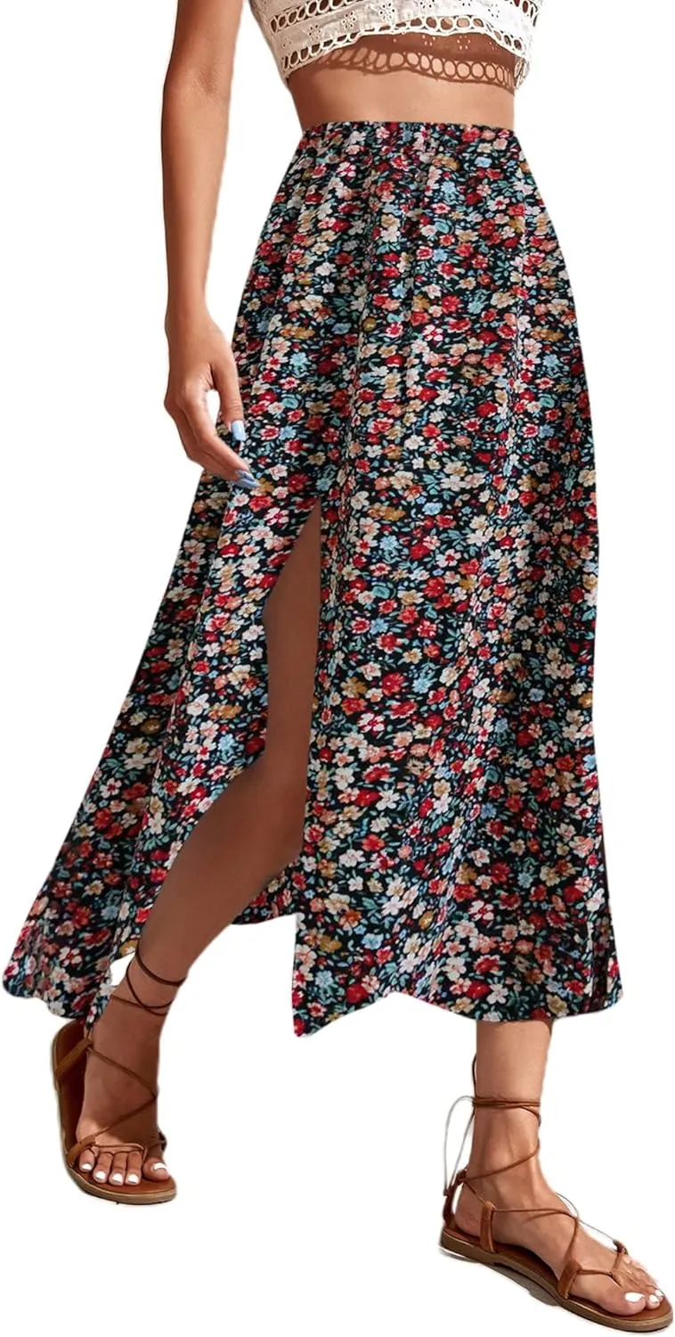 Avanova Women's Boho Leopard Print Thigh High Waist A Line Split Midi Skirt