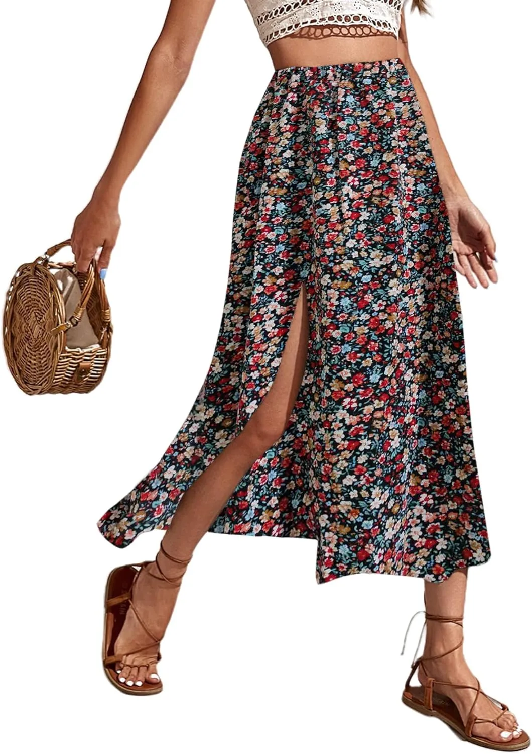 Avanova Women's Boho Leopard Print Thigh High Waist A Line Split Midi Skirt