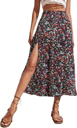 Avanova Women's Boho Leopard Print Thigh High Waist A Line Split Midi Skirt