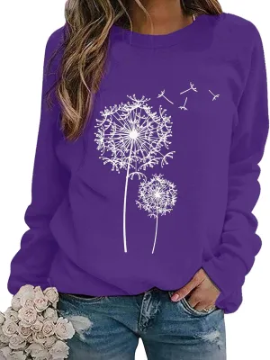 BANGELY Womens Dandelion Sweatshirt Casual Crewneck Loose Pullover Tops Long Sleeve Graphic Tee Shirt Blue