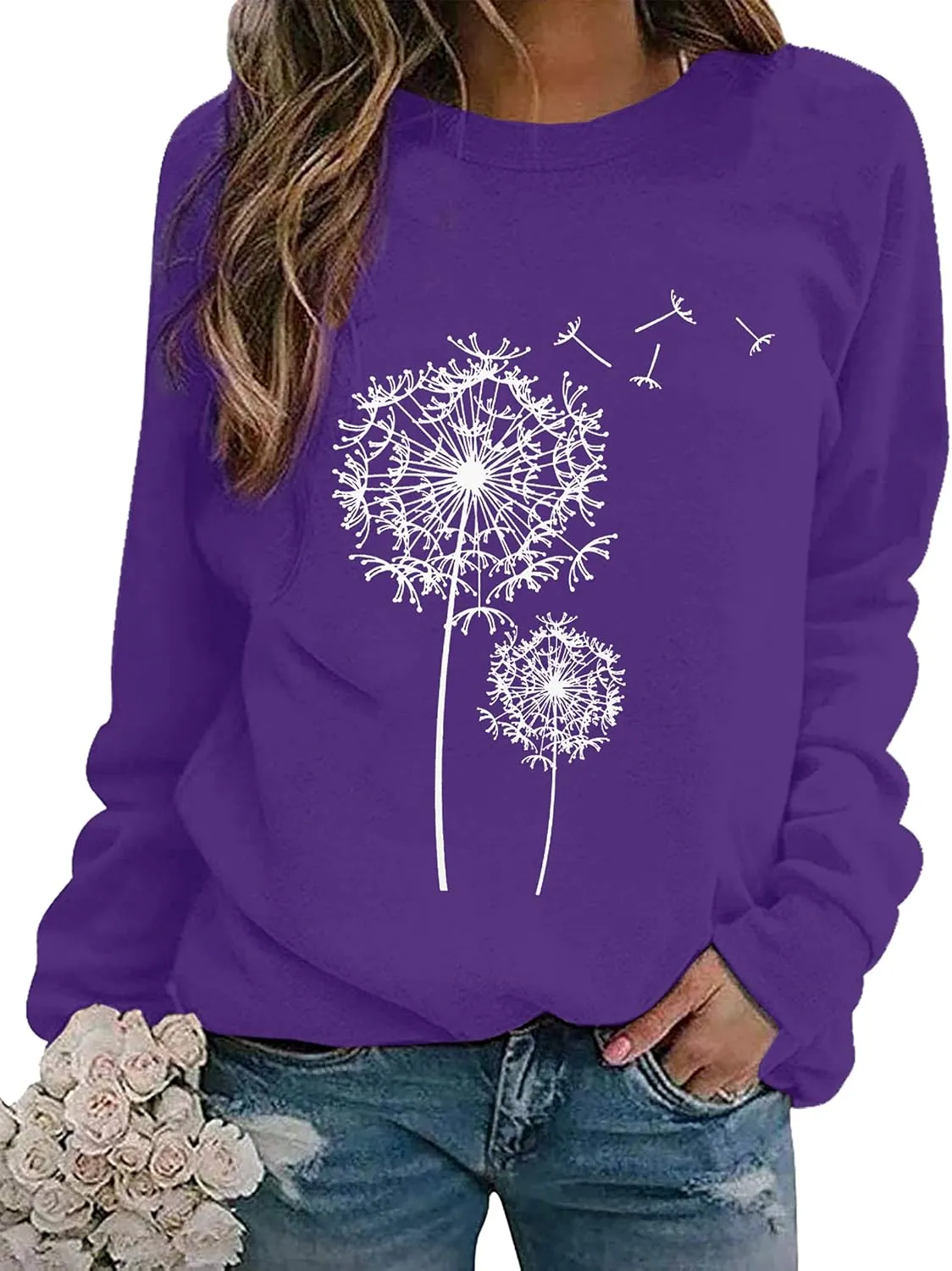 BANGELY Womens Dandelion Sweatshirt Casual Crewneck Loose Pullover Tops Long Sleeve Graphic Tee Shirt Blue