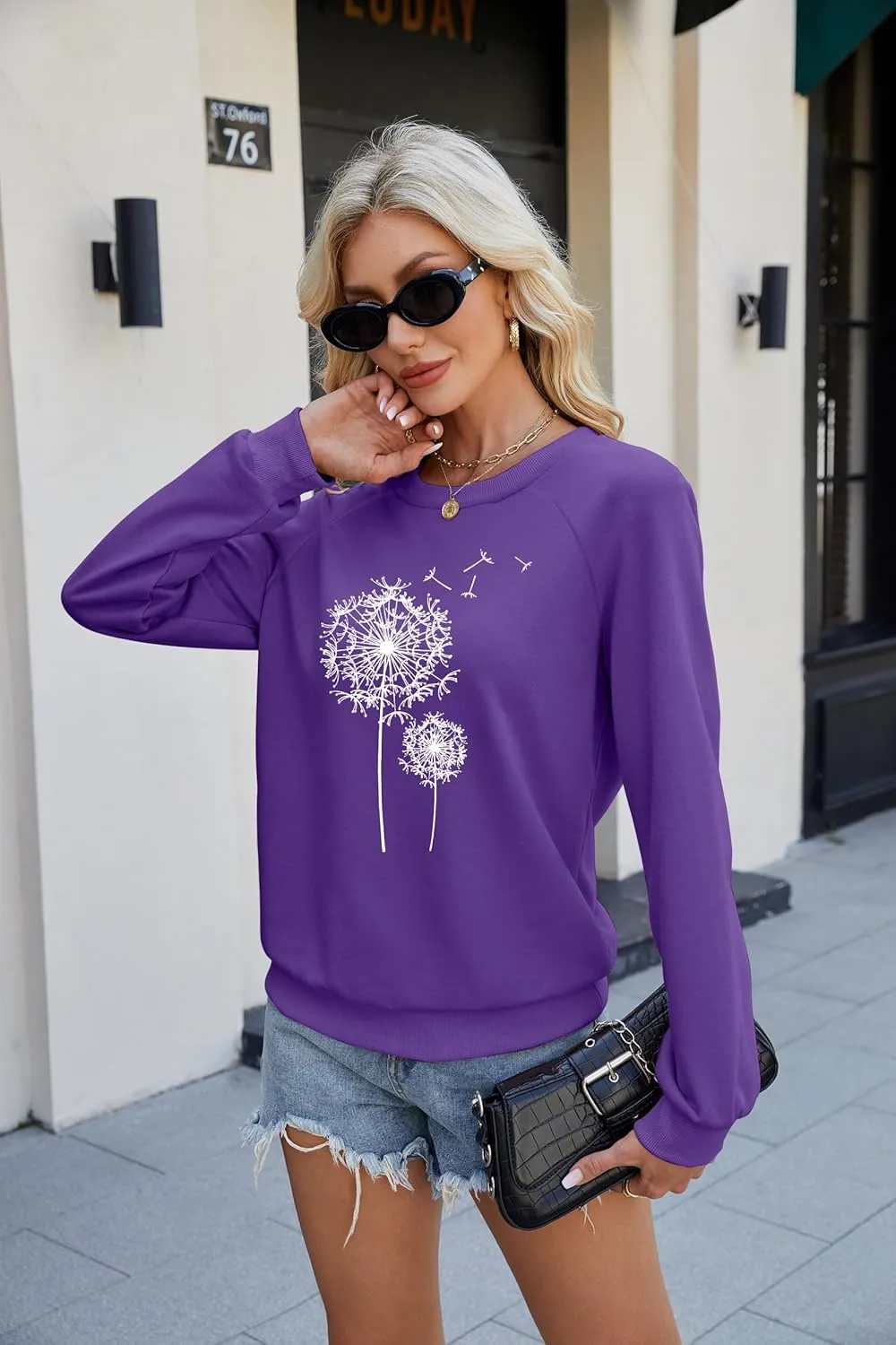 BANGELY Womens Dandelion Sweatshirt Casual Crewneck Loose Pullover Tops Long Sleeve Graphic Tee Shirt Blue