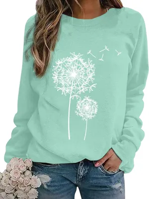 BANGELY Womens Dandelion Sweatshirt Casual Crewneck Loose Pullover Tops Long Sleeve Graphic Tee Shirt Blue