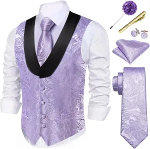 Barry.Wang Mens Paisley Vest Tie Set Silk Jacquard Flower Shawl Collar Suit Waistcoat Tuxedo 6PC Wedding Party