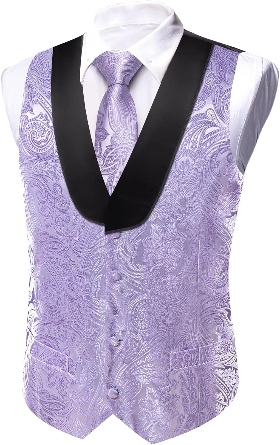 Barry.Wang Mens Paisley Vest Tie Set Silk Jacquard Flower Shawl Collar Suit Waistcoat Tuxedo 6PC Wedding Party