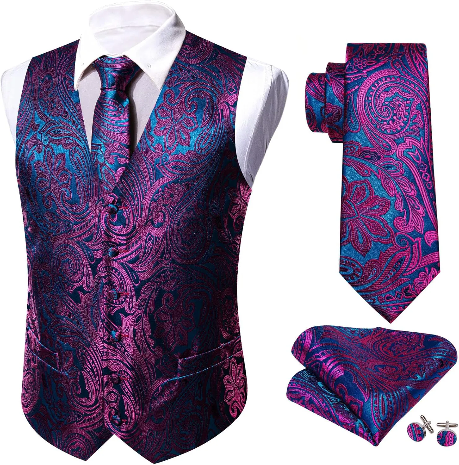 Barry.Wang Men's Suit Vest Tie and Bow Tie Set Formal Solid Paisley Handkerchief Cufflink Woven Wedding Party Waistcoat