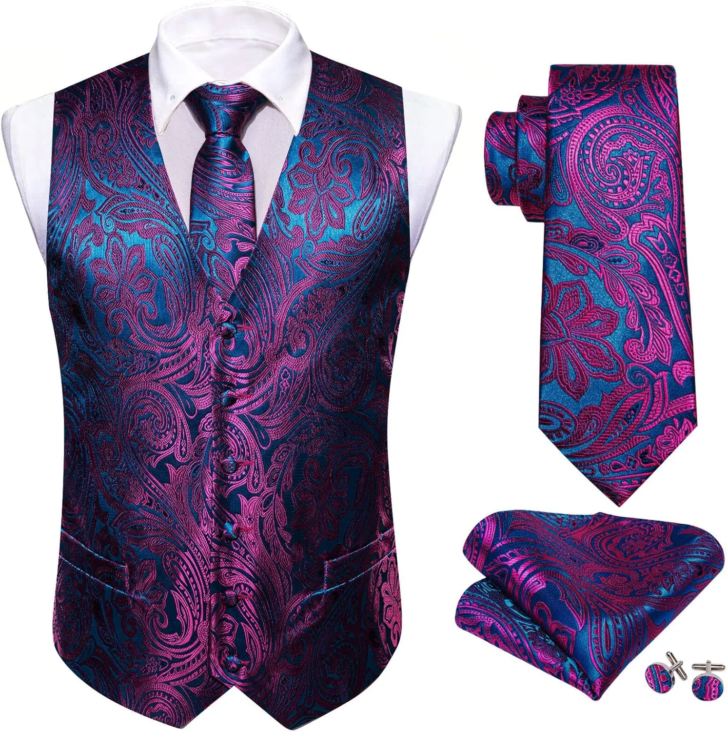 Barry.Wang Men's Suit Vest Tie and Bow Tie Set Formal Solid Paisley Handkerchief Cufflink Woven Wedding Party Waistcoat