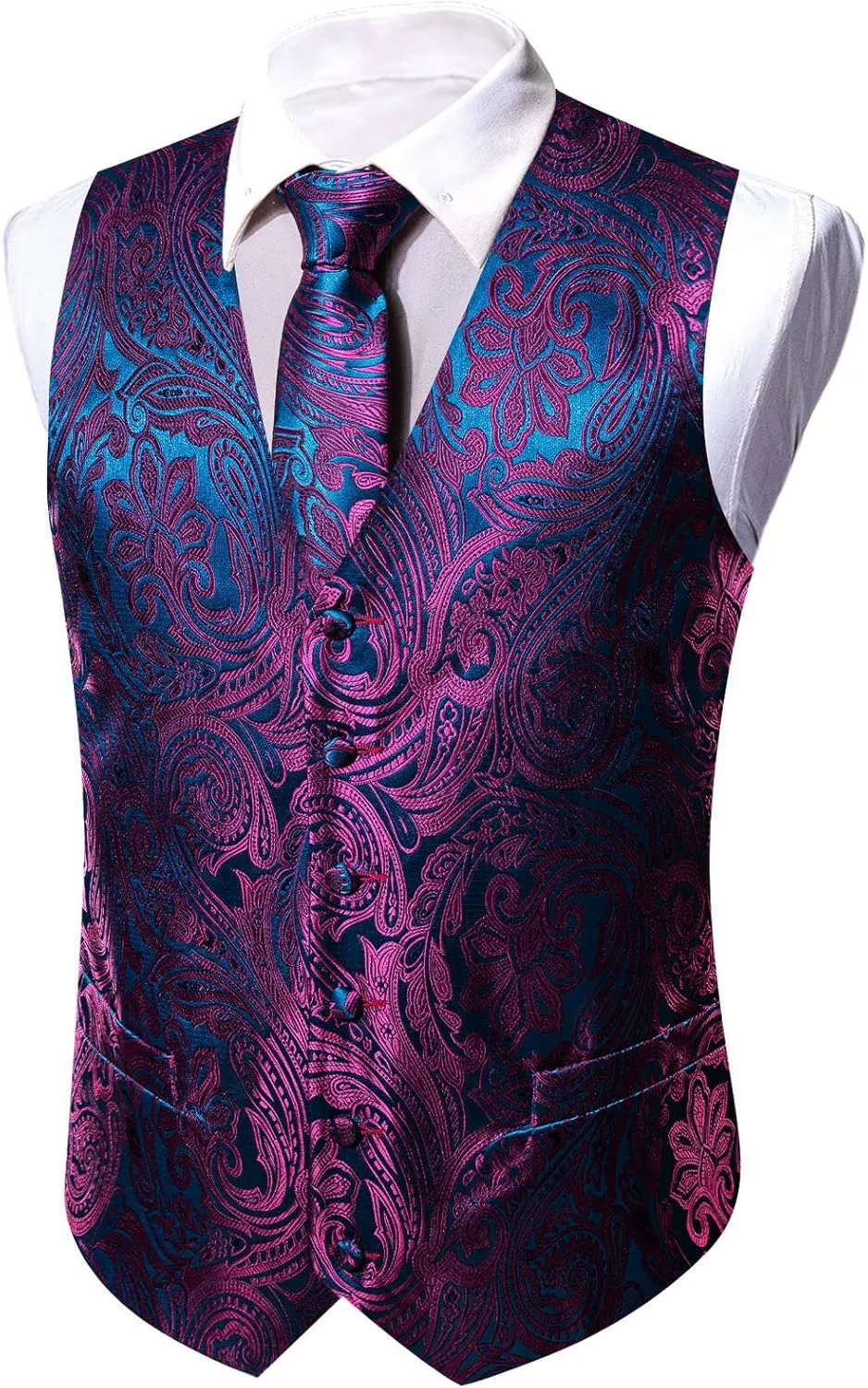 Barry.Wang Men's Suit Vest Tie and Bow Tie Set Formal Solid Paisley Handkerchief Cufflink Woven Wedding Party Waistcoat
