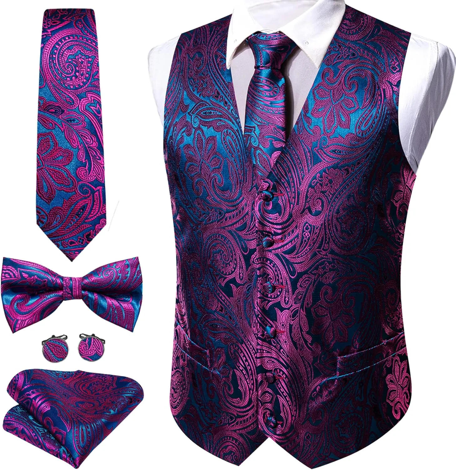 Barry.Wang Men's Suit Vest Tie and Bow Tie Set Formal Solid Paisley Handkerchief Cufflink Woven Wedding Party Waistcoat