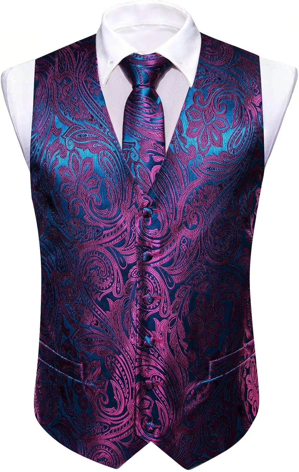 Barry.Wang Men's Suit Vest Tie and Bow Tie Set Formal Solid Paisley Handkerchief Cufflink Woven Wedding Party Waistcoat