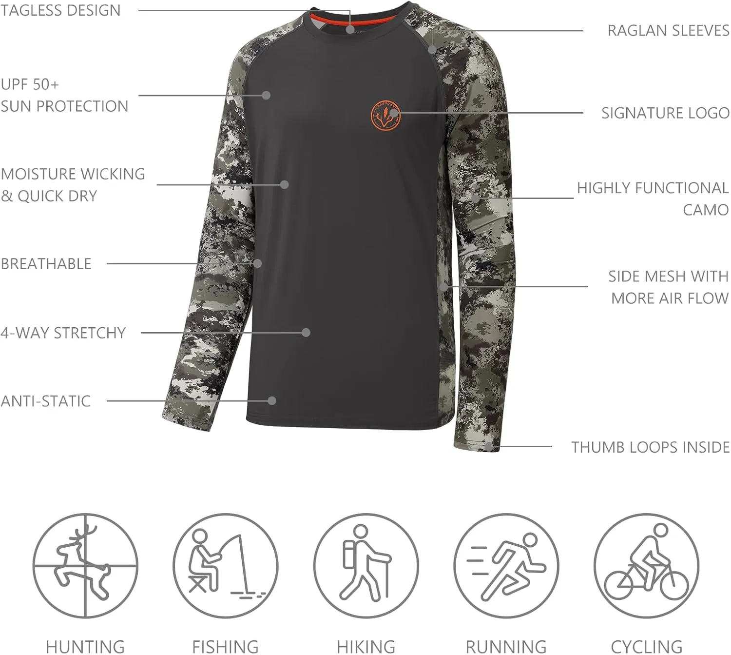 BASSDASH Mens Lightweight Camo Hunting Shirt UPF 50  Sun Protection Long Sleeve Hiking Fishing Performance Tee Mesh Panels