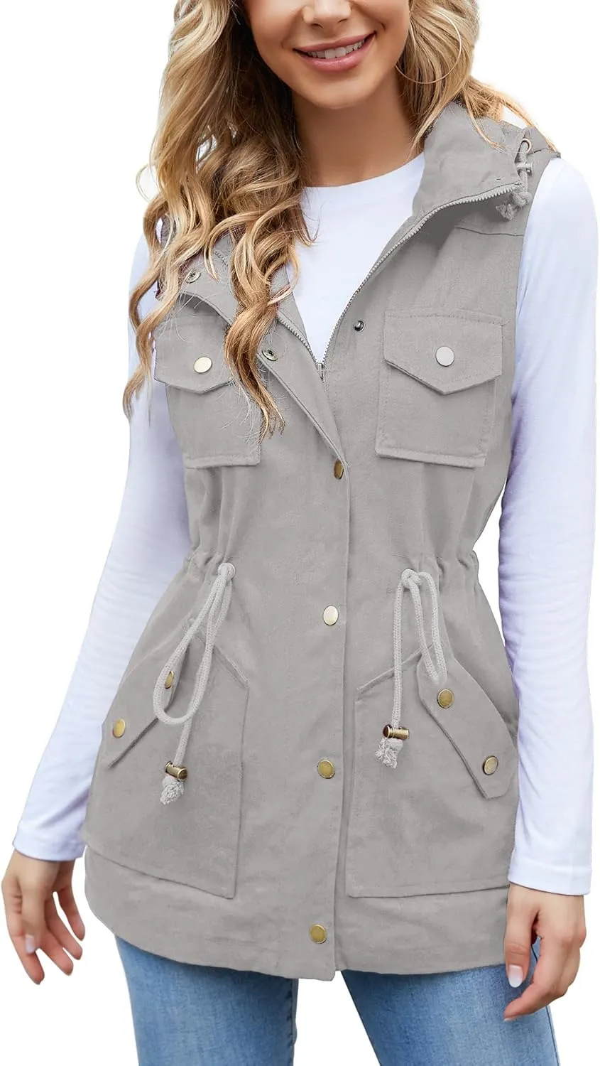 BBX Lephsnt Womens Utility Vest Drawstring Waist Military Sleeveless Jacket
