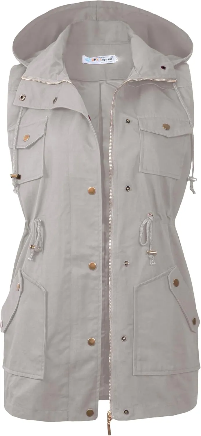 BBX Lephsnt Womens Utility Vest Drawstring Waist Military Sleeveless Jacket