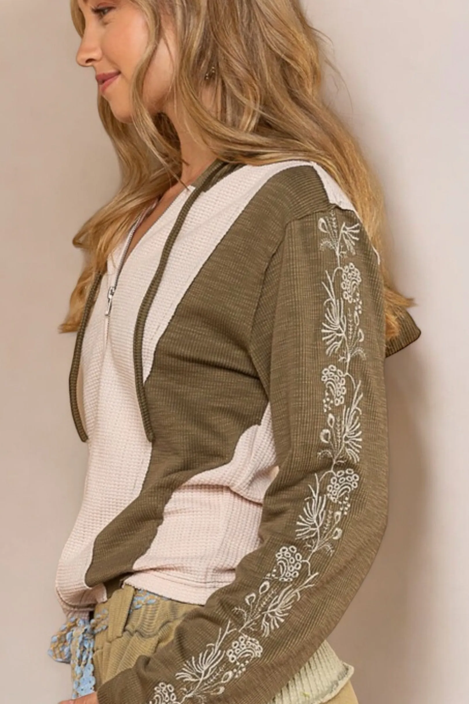 Beach Bonfire Waffle   Rib Embroidered Zip Up Hoodie