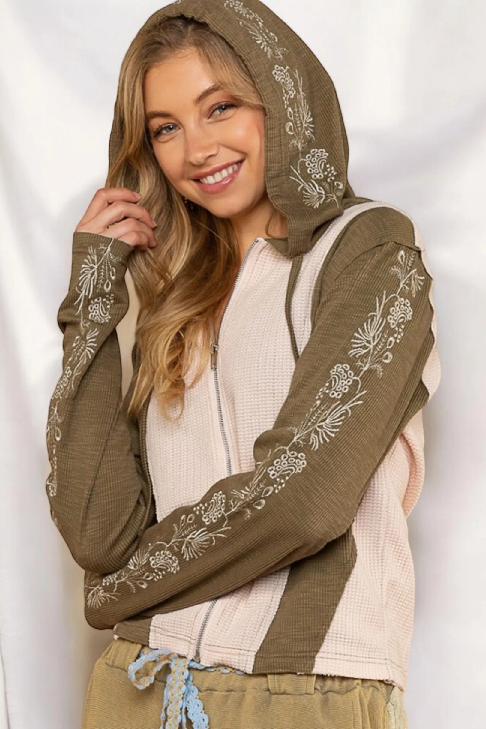 Beach Bonfire Waffle   Rib Embroidered Zip Up Hoodie