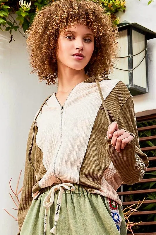 Beach Bonfire Waffle   Rib Embroidered Zip Up Hoodie