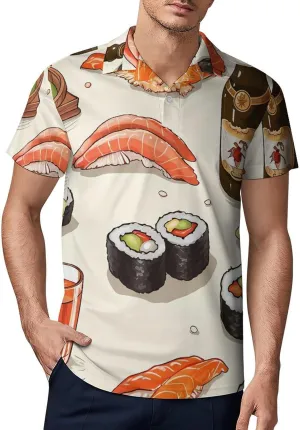 Beer and Sushi Pattern Men's Polo Shirt Short Sleeve Casual Athletic Quick Dry Golf T-Shirts