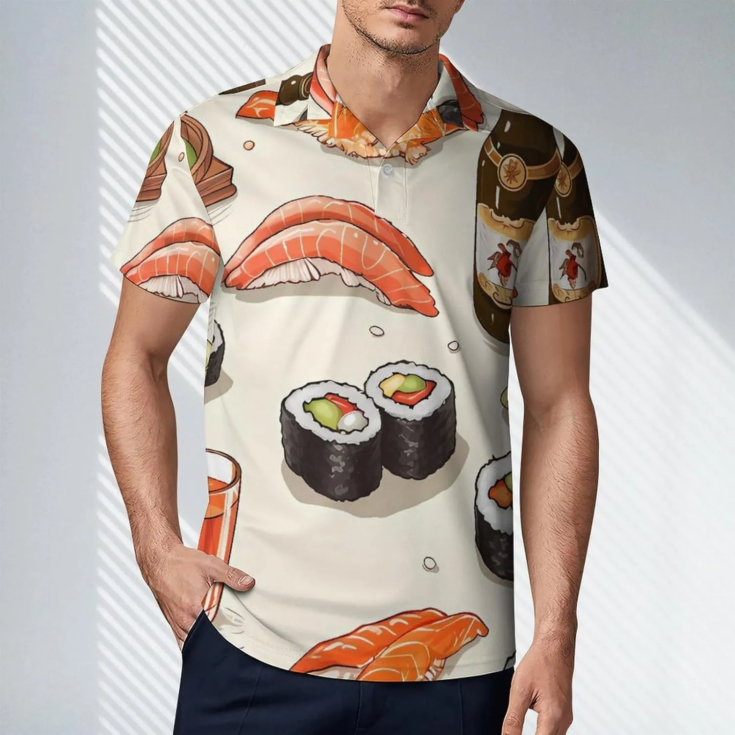 Beer and Sushi Pattern Men's Polo Shirt Short Sleeve Casual Athletic Quick Dry Golf T-Shirts