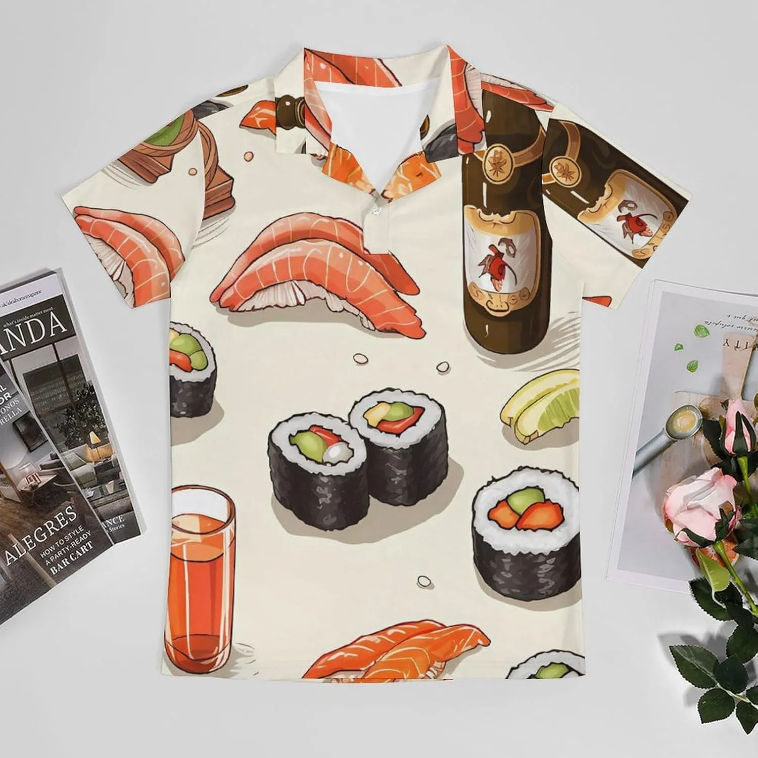 Beer and Sushi Pattern Men's Polo Shirt Short Sleeve Casual Athletic Quick Dry Golf T-Shirts