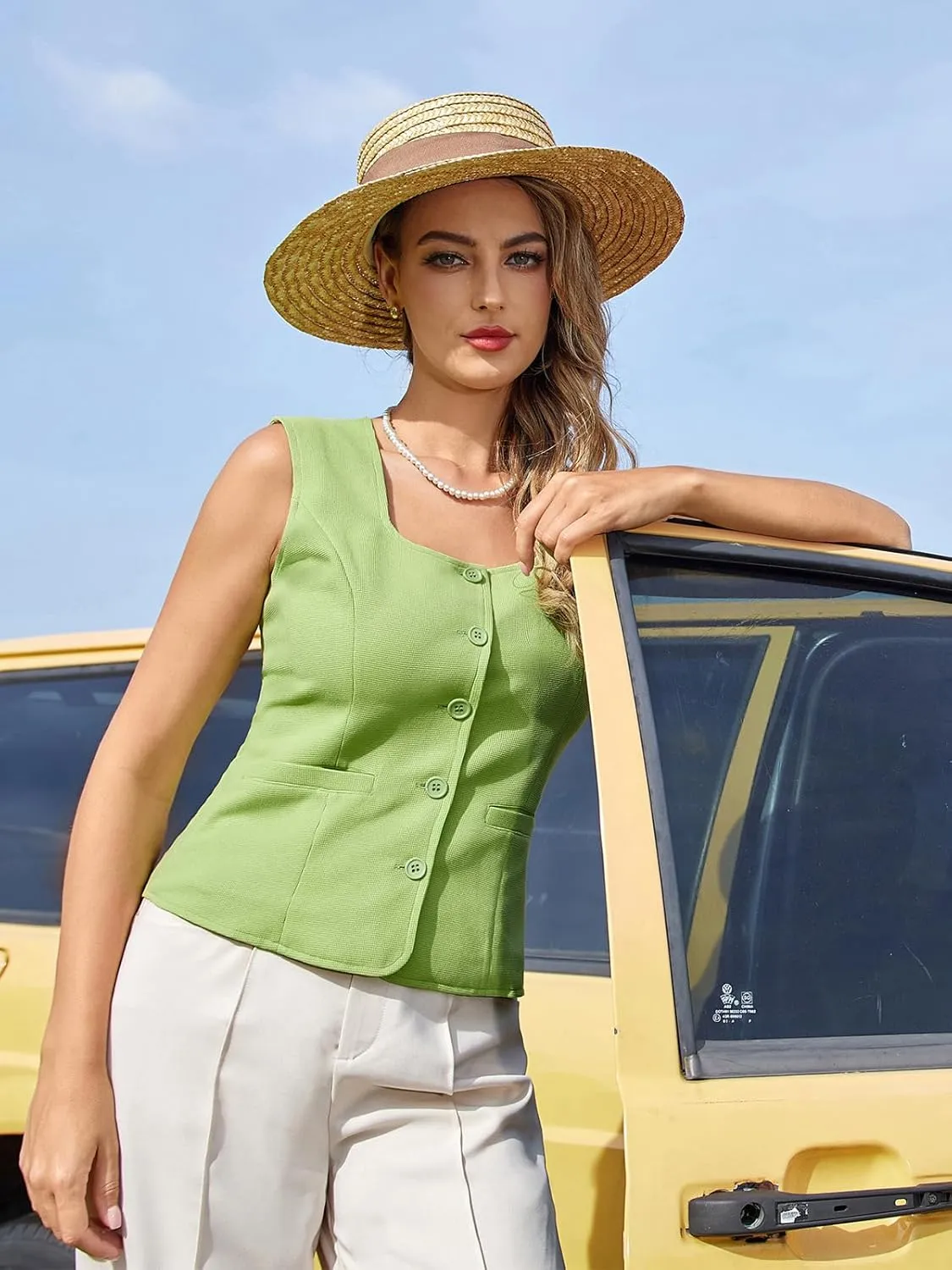 Belle Poque Womens Suit Vest Tops 2025 Trendy Button Sleeveless Vest Square Neck Vest Top Dressy Casual Summer Waistcoat Vest