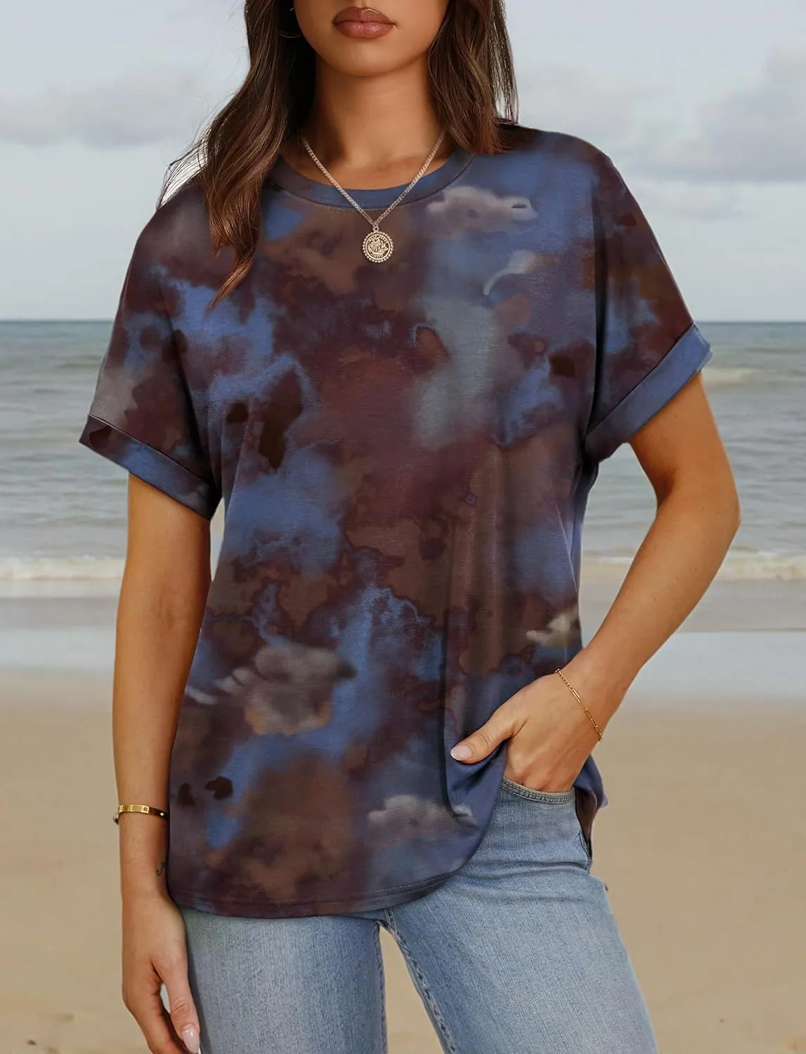 Besshopie Women's Oversized T Shirts Short Sleeve Crewneck Summer Tops Casual Loose Basic Tee Shirts 2025 Trendy Clothes