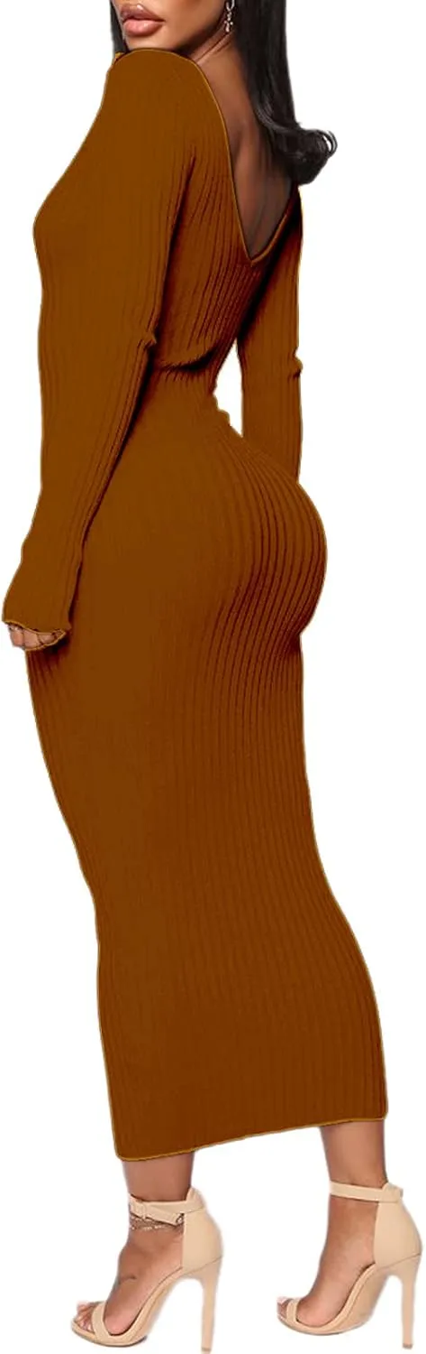BestGirl Women's Sexy Ribbed Sweater Dresses Bodycon V Neck Off Shoulder Long Sleeve Lightweight Knit Midi Dress