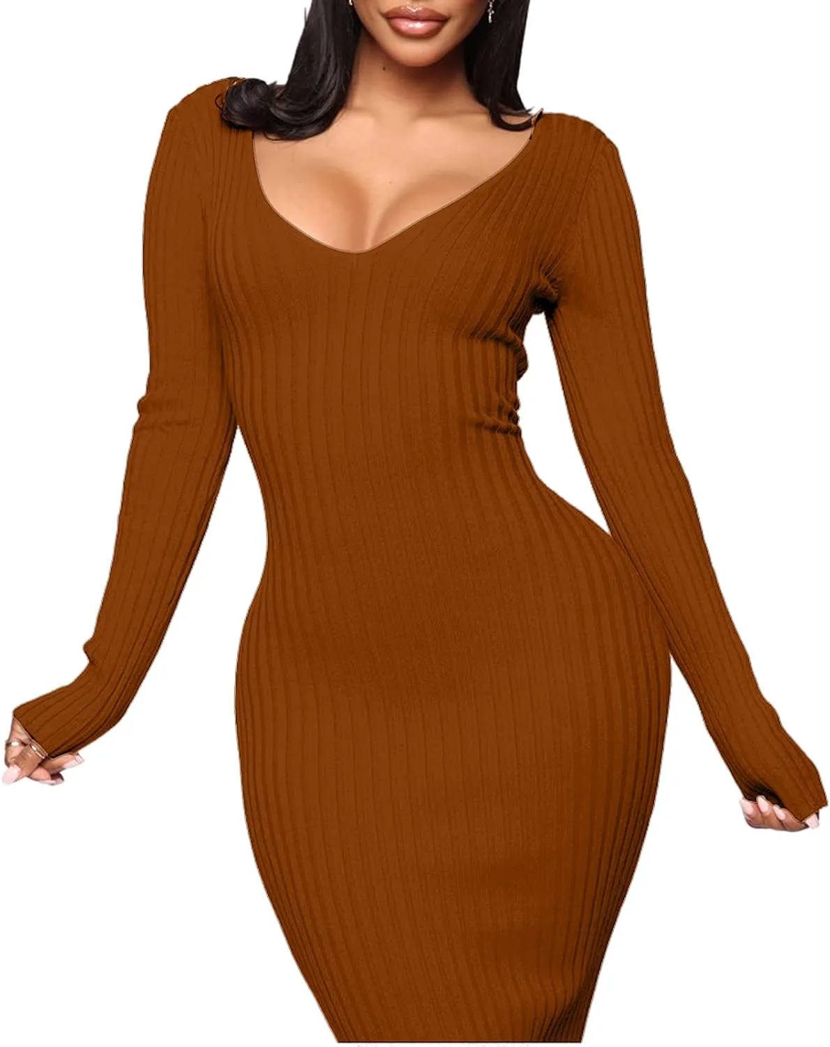BestGirl Women's Sexy Ribbed Sweater Dresses Bodycon V Neck Off Shoulder Long Sleeve Lightweight Knit Midi Dress