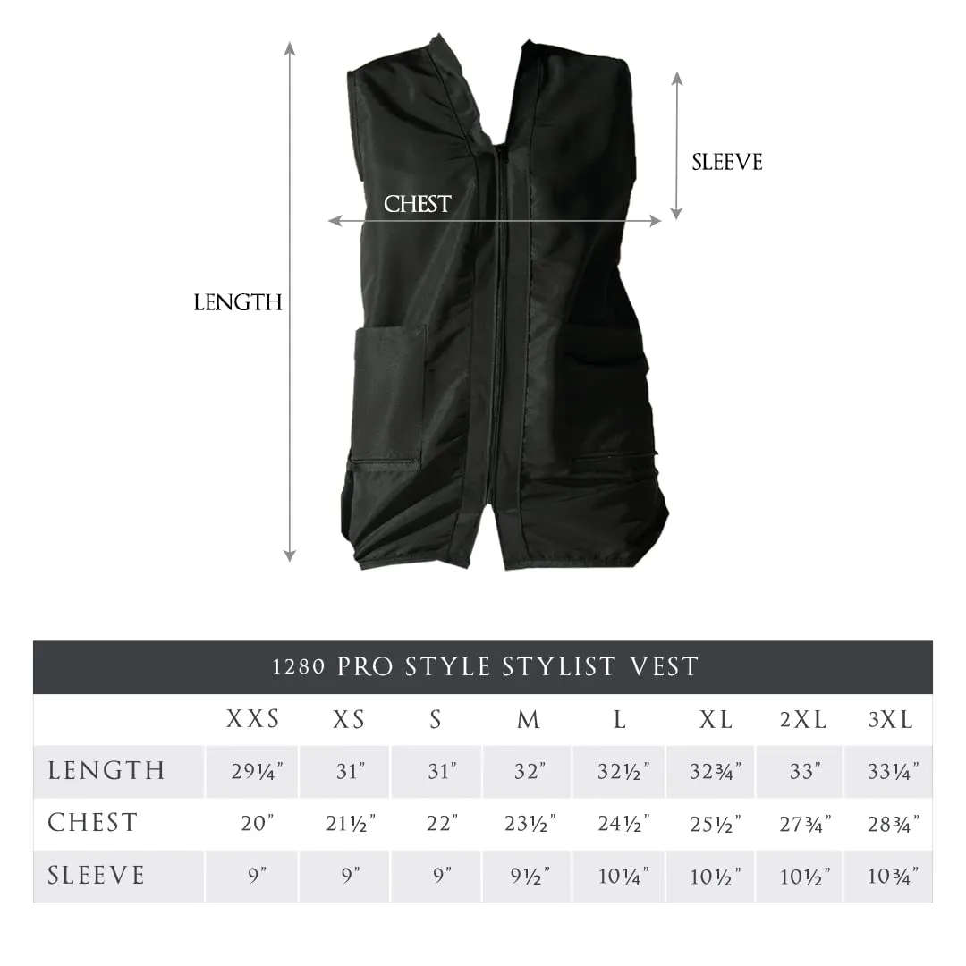 Betty Dain Professional Zip Front Salon Stylist Vest, V-Neck, Iridescent Fabric, Adjustable Belt, Two Lower Pockets with Zippered Bottoms, Lightweight, Machine Washable Nylon, Black, XL