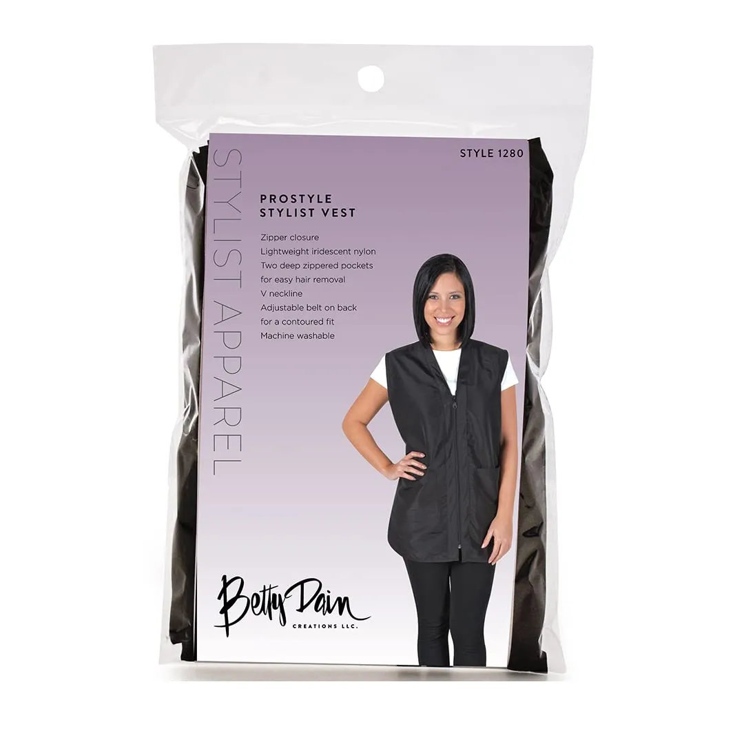Betty Dain Professional Zip Front Salon Stylist Vest, V-Neck, Iridescent Fabric, Adjustable Belt, Two Lower Pockets with Zippered Bottoms, Lightweight, Machine Washable Nylon, Black, XL